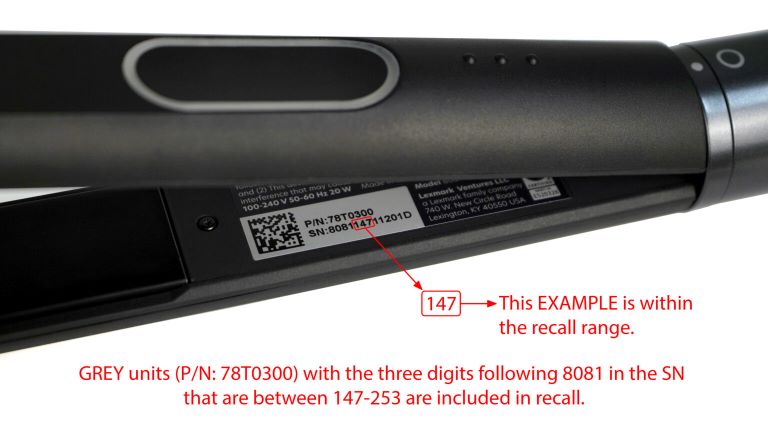 Grey Styler serial number 147-253 in digital 5-7 in recall range